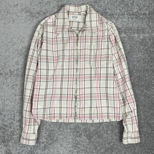 Vintage Krazy Kat Plaid Zip Up Shirt Checkered 90s y2k Cream Pink Size S Cropped